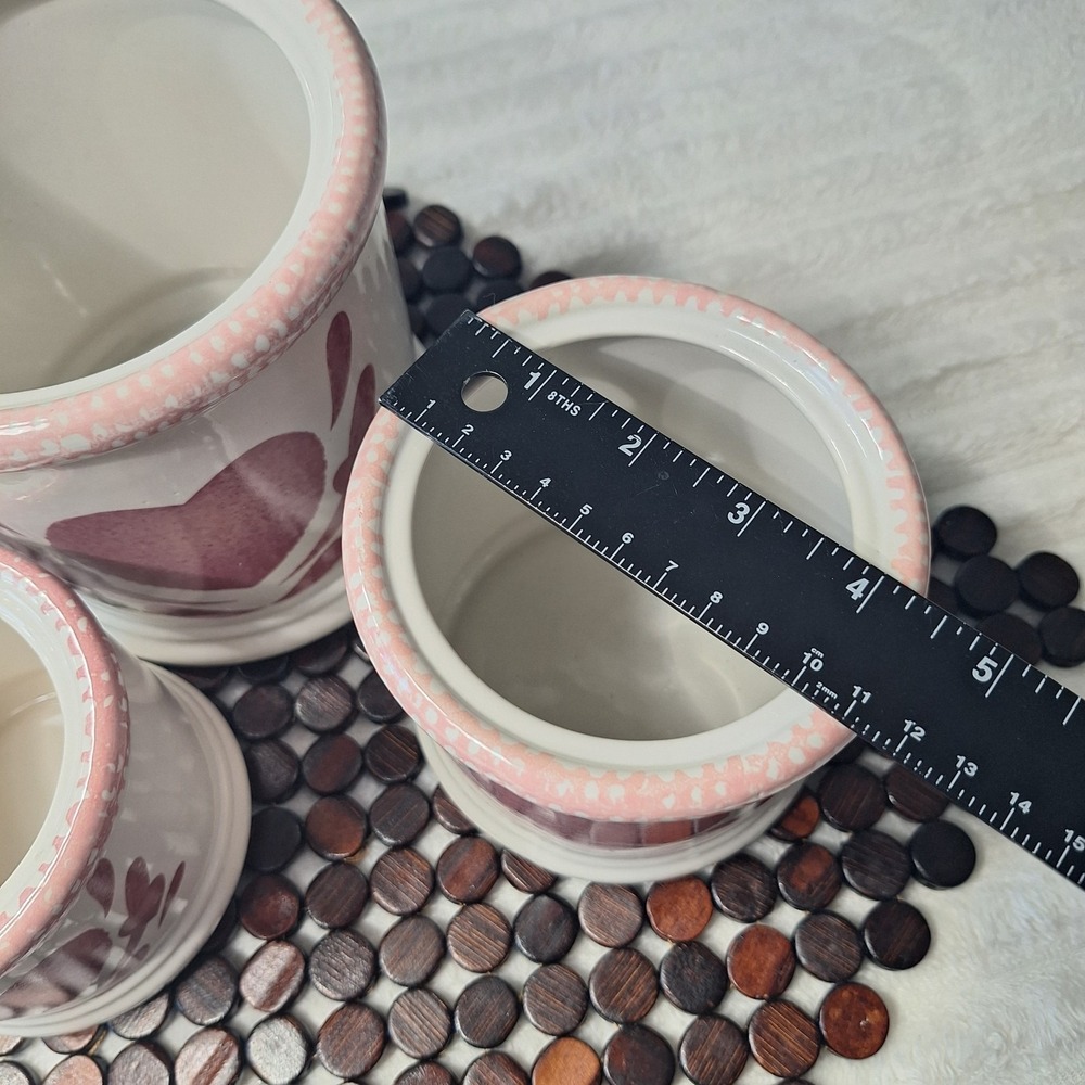 3 Pc Pink Heart Sponge Ware Ceramic Canisters Cottage Country Kitchen 90's - Picture 9 of 12
